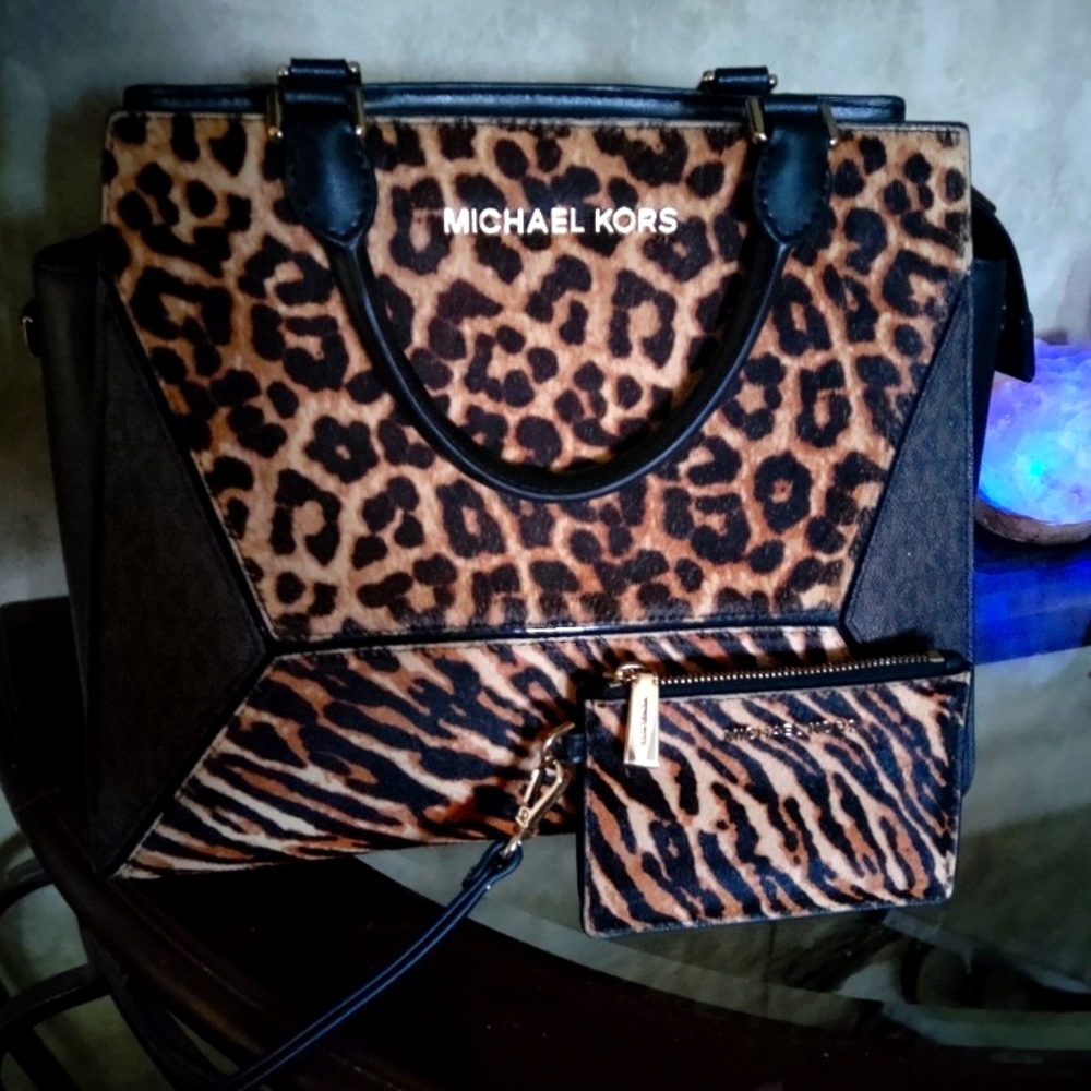 Michael Kors mixed media Haircalf leopard tiger leather satchel tote purse